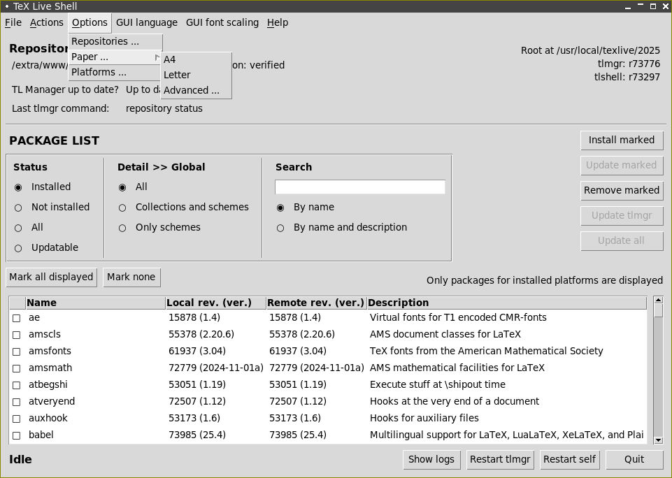 tlshell w trybie graficznym (GUI), menu Actions (GNU/Linux)